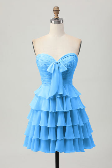 Sky Blue Strapless A Line Tiered Short Prom Dress with Bow